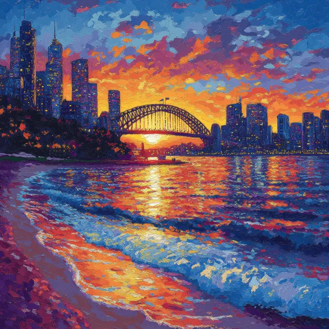 Sydney Harbour Bridge at sunset with colorful Aboriginal dot patterns and reflected light on rippling water.
