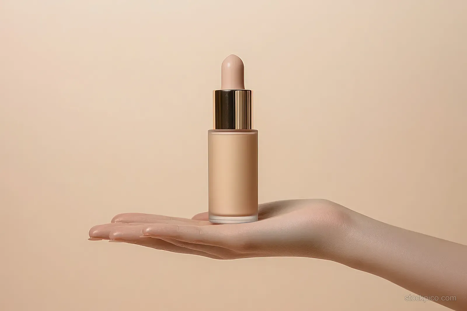 A woman’s hand applies liquid foundation beside a minimalist pump bottle on a neutral beige backdrop.