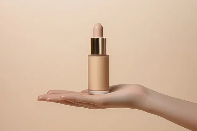 Woman’s hand applying liquid foundation from a sleek pump bottle on neutral skin tones