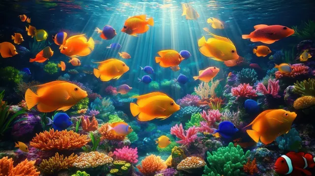 Colorful tropical fish swimming over sunlit coral reef with bright rays