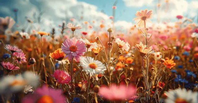 Sunlit wildflower meadow with pink and orange blossoms and glowing bokeh lights in the distance.