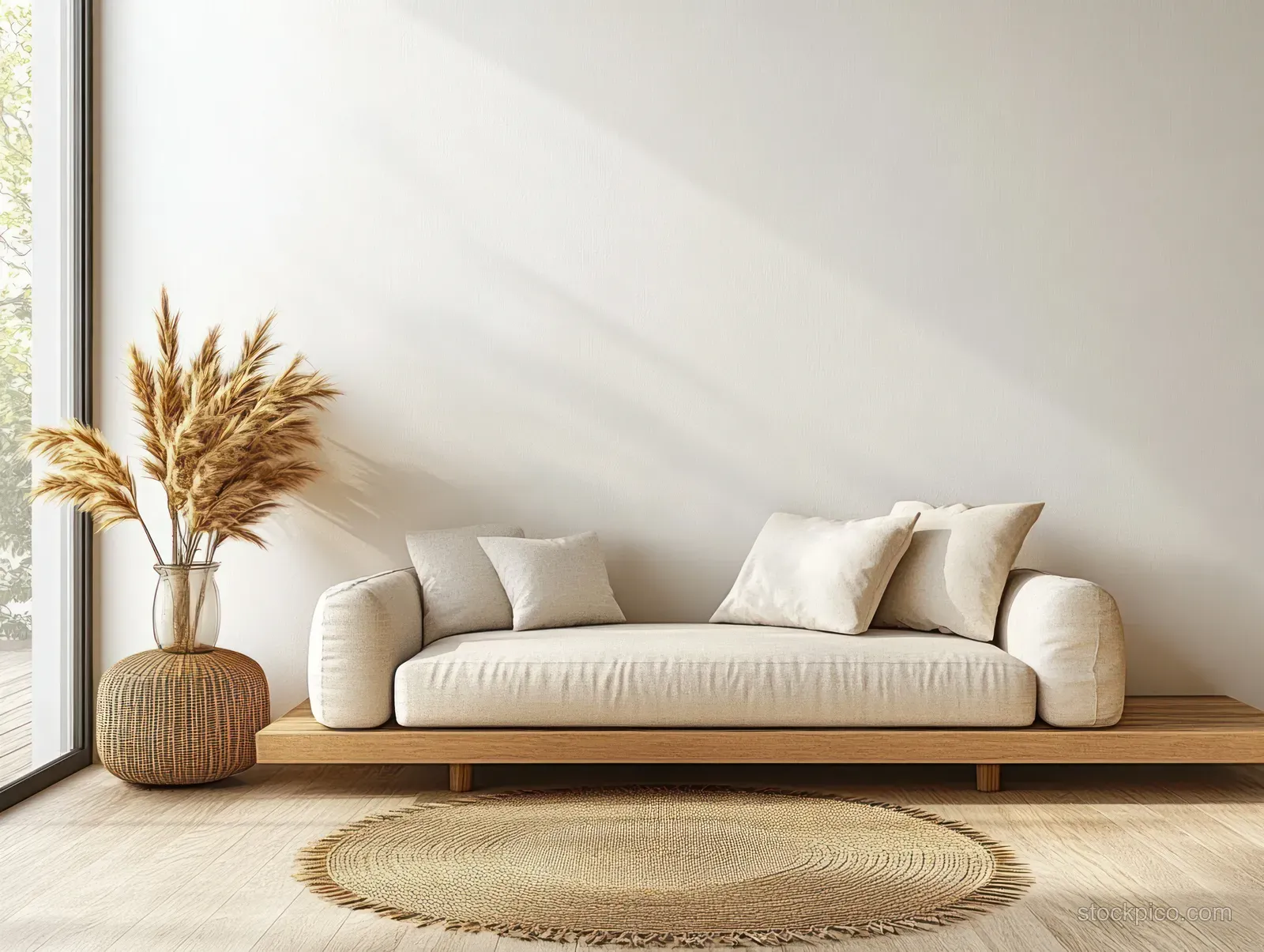 Light sofa in a minimalist living room with warm lighting, neutral cushions, and a pampas grass vase by the wall.