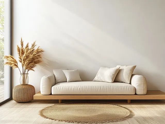 Light sofa in a minimalist living room with warm lighting, neutral cushions, and a pampas grass vase by the wall.