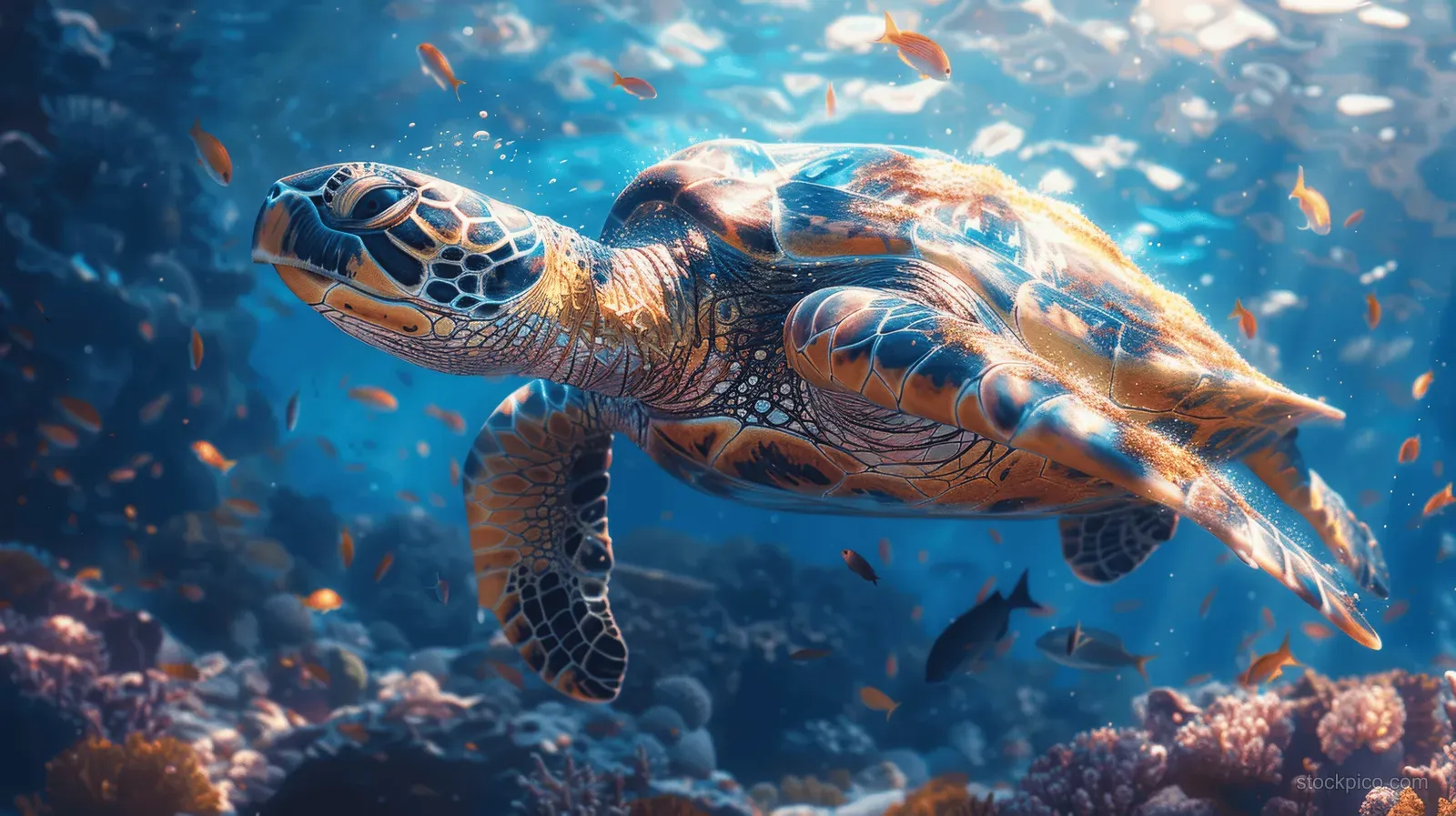 A sea turtle swims underwater above coral reefs while small fish drift through clear blue water.