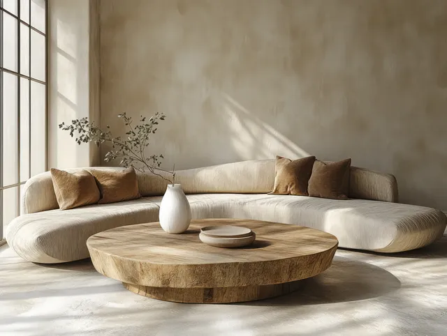 Curved beige sofa and round wooden coffee table in a warm, minimalist living room with sunlight.