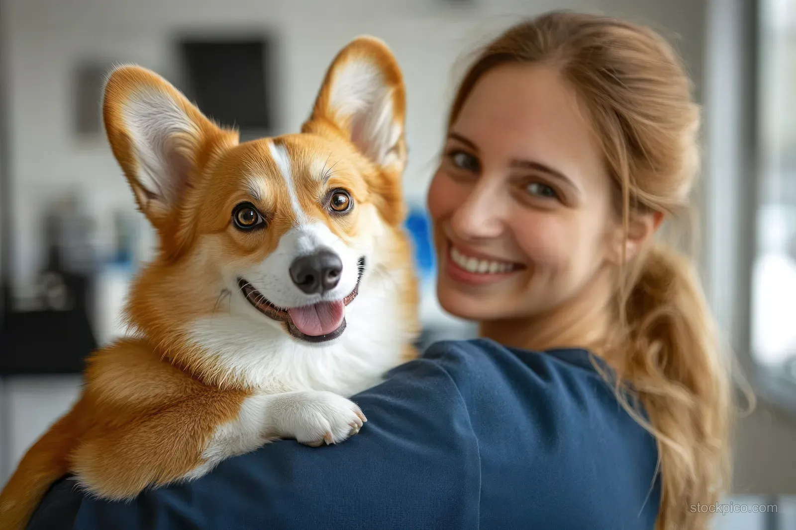 A veterinarian holds a corgi dog for a health check in a bright veterinary clinic room.
