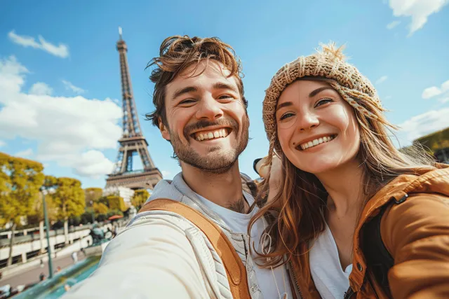 Young couple smiling while taking a selfie with the Eiffel Tower behind them, Paris