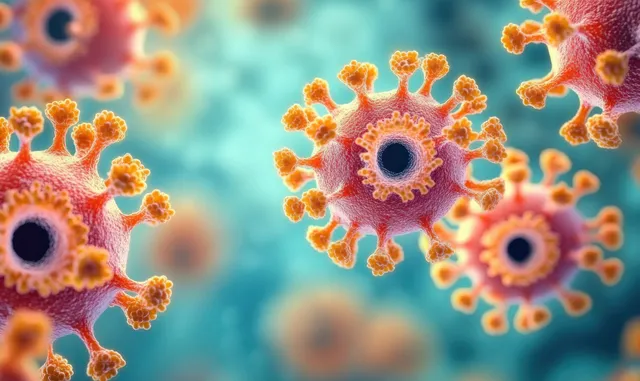 Orange and red virus particles float against a blurred teal background with a glowing surreal look.