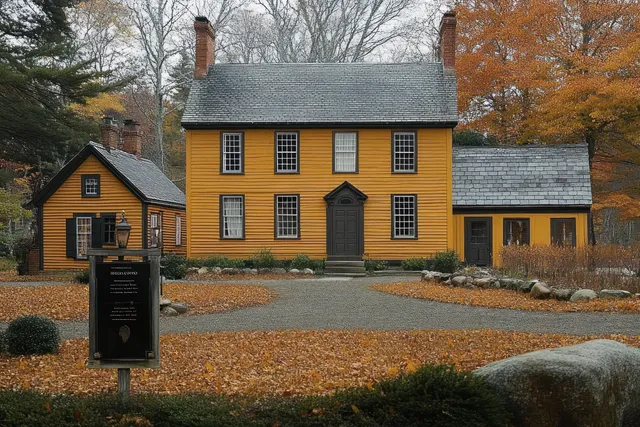 Orange colonial house in autumn with fallen leaves, stone path, and black information board