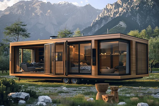 A modular tiny home with wood panels and sliding glass doors on wheels overlooks a mountain landscape.