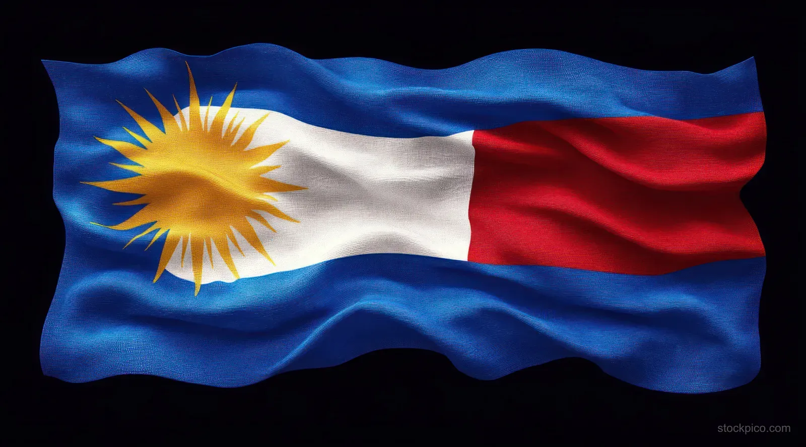 Waving flag with blue background, white and red vertical stripes, and a yellow sun with radiant rays.