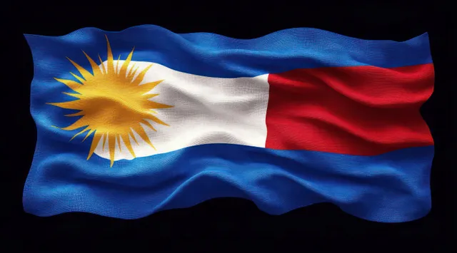 Waving flag with blue field, white-red stripes, and bright yellow sun rays emblem