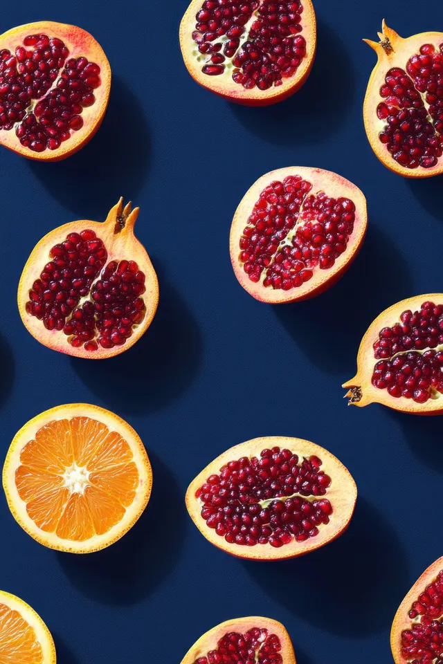 Pomegranate halves and orange wedges are scattered on a dark blue surface, showing red arils and bright segments.