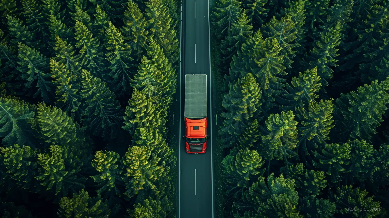 A red hydrogen truck drives along a highway bordered by dense green trees in an aerial top-down view.