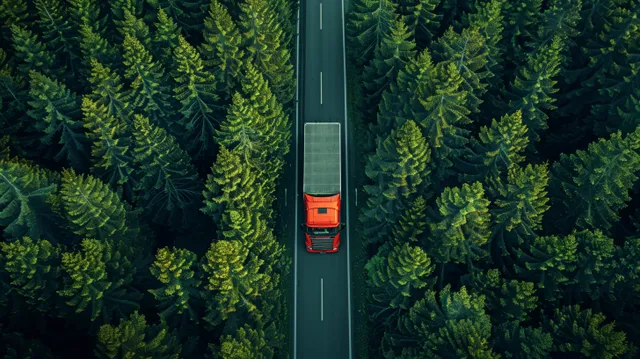 A red hydrogen truck drives along a highway bordered by dense green trees in an aerial top-down view.