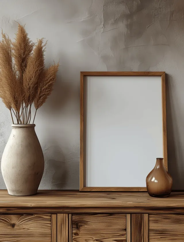Blank wooden picture frame on a rustic console with ceramic vases and pampas grass against a beige wall.