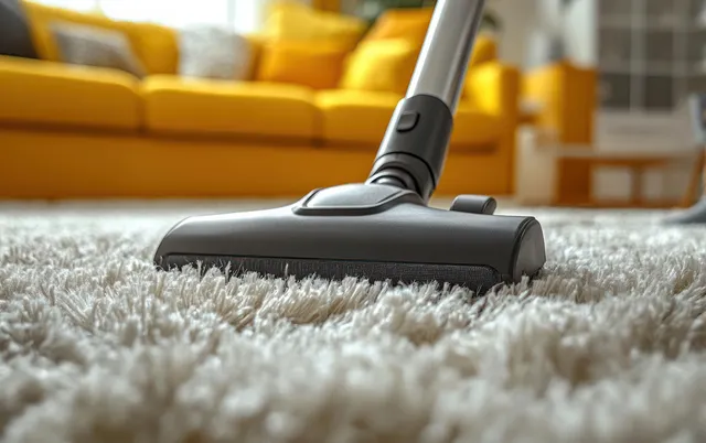 Vacuum cleaner head cleaning fluffy off-white carpet beside a blurred yellow sofa