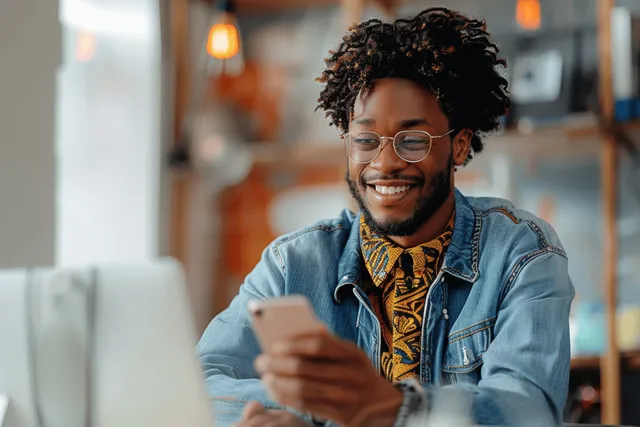 Smiling young designer multitasks with smartphone and laptop at desk in office with Shallow Depth Of Field