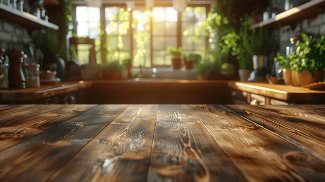 Wooden tabletop in sunlit blurred country kitchen with warm window glow