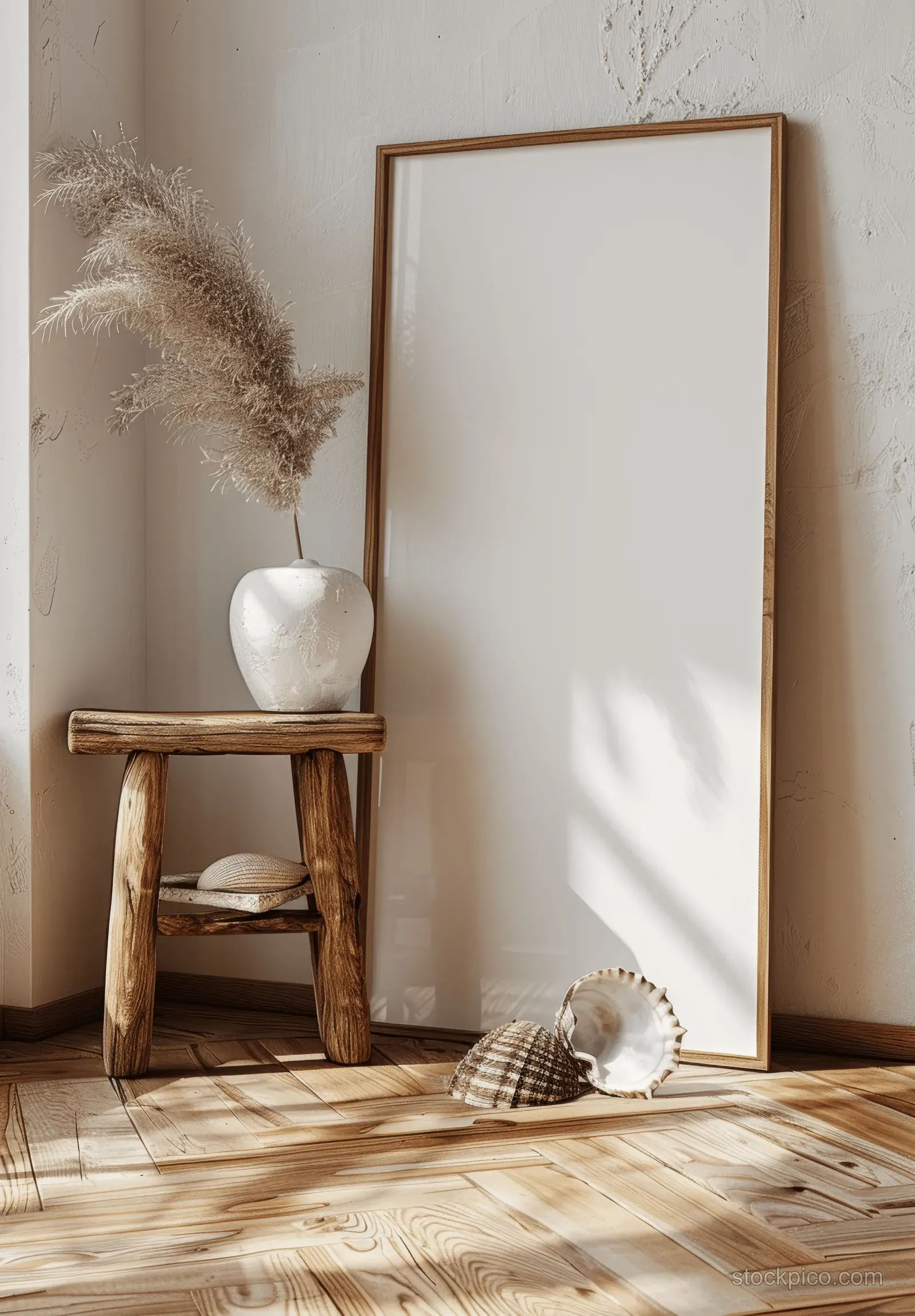 Vertical picture frame leaning on a rustic wooden floor beside a small stool and white vase with dried reeds.