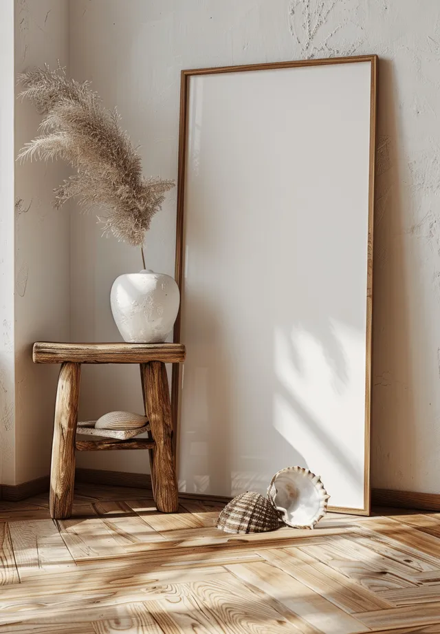 Vertical picture frame leaning on rustic wooden floor beside stool and white vase