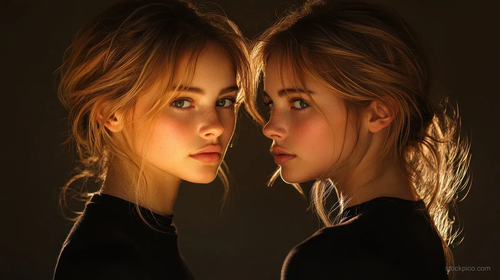 Two women in black long-sleeve tops pose face-to-face under warm studio lighting with detailed hair texture.