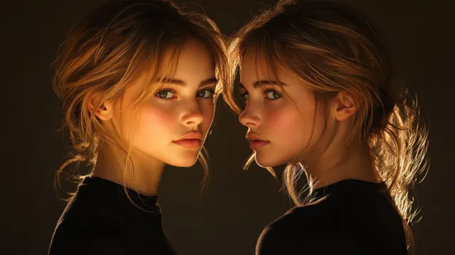 Two women in black tops face-to-face with close studio lighting and soft hair details