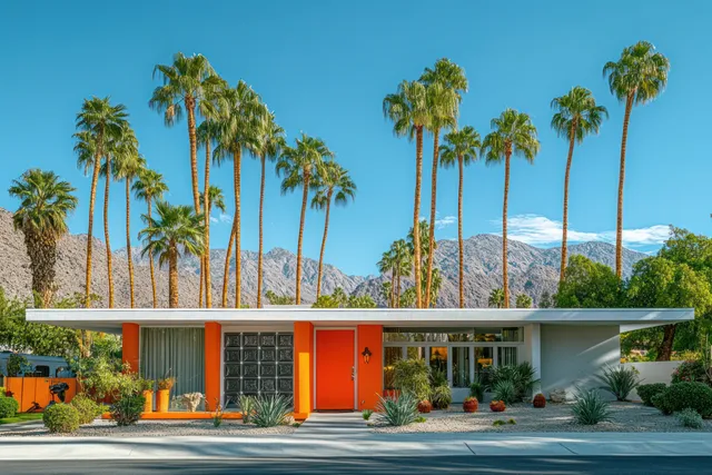 Mid-century Palm Springs house exterior with orange door and tall palm trees under blue sky