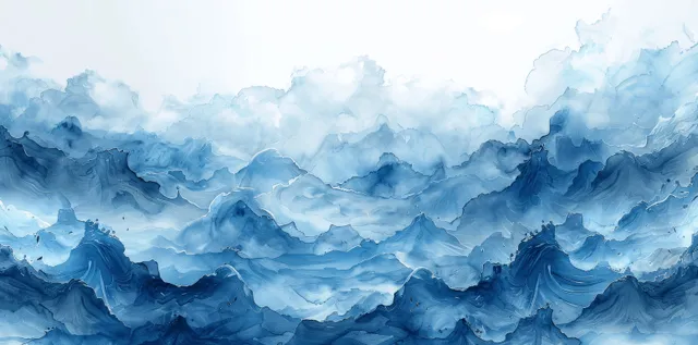 Abstract blue watercolor waves rise under misty cloudlike layers with teal ripple highlights.