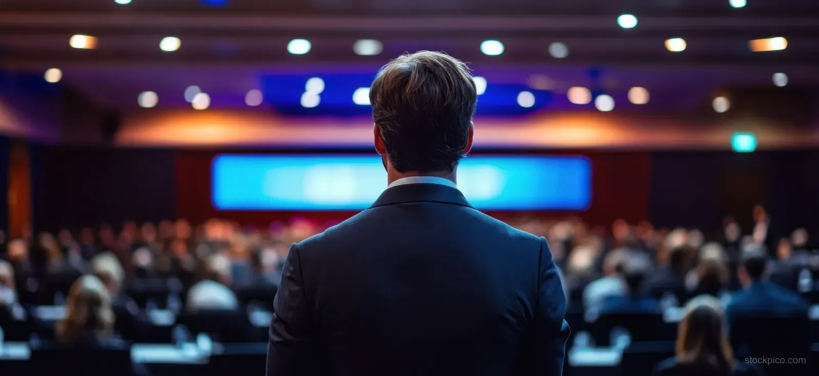 A business executive seen from behind speaks to a seated auditorium audience under stage lights.
