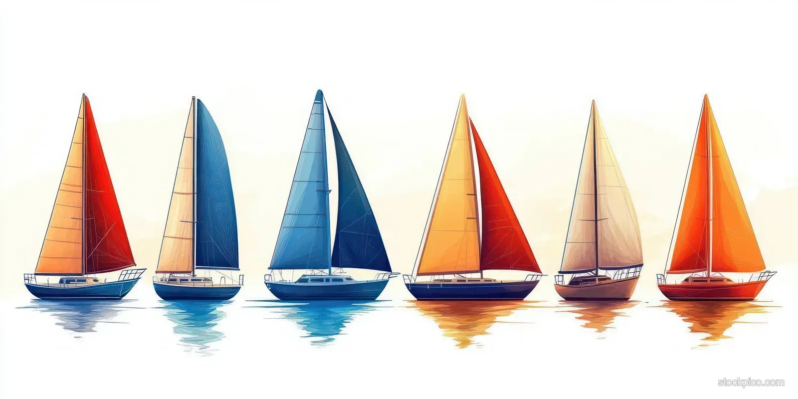 Six sailboats with colorful sails float in calm water, each showing a bright reflection beneath.