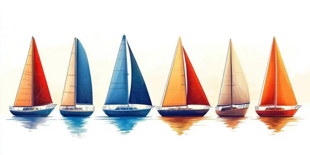 Six sailboats with colorful sails float in calm water, each showing a bright reflection beneath.