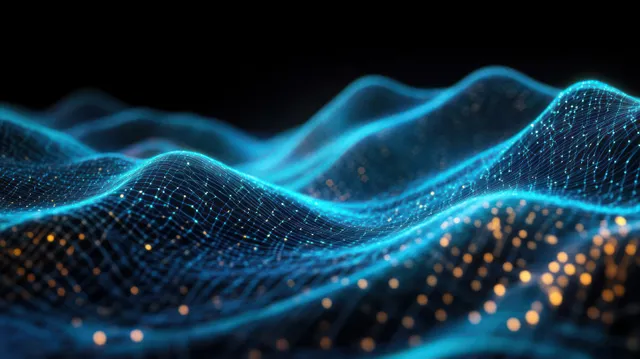 Glowing blue wave travels over a dark wireframe grid as orange dots sparkle across the surface.