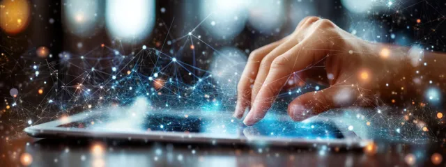Hands touching a tablet screen with glowing network dots in a digital workspace