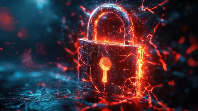 A broken glowing padlock with crackling sparks on a dark digital background signals a cyber security breach.