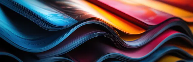 Top-down view of colorful stacked magazines with curved pages and vivid cover edges under natural light.