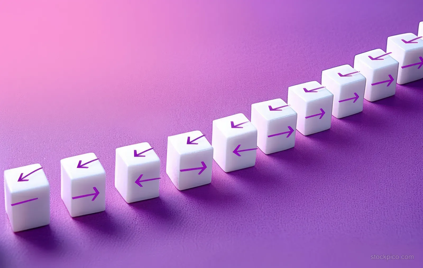 A row of white cubes on a purple textured surface shows alternating purple arrows pointing left and right.