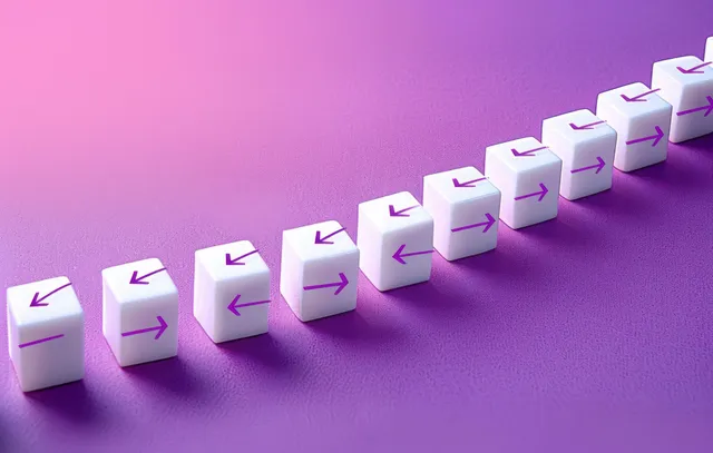 Row of white cubes with purple arrows alternating direction on textured purple surface