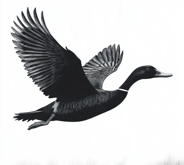 Black and white duck flying with wings spread wide, feather details against white background