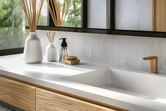 White sink and golden faucet on a light wooden vanity with reed diffusers and a brush near window greenery.