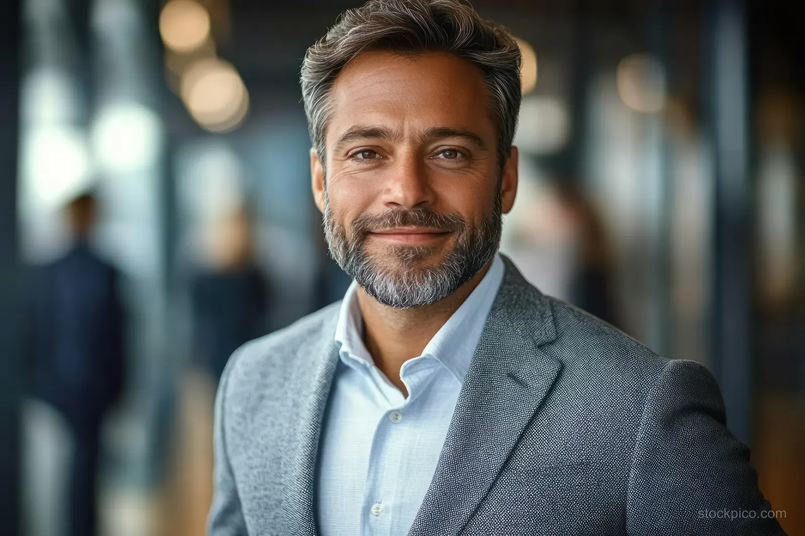 A smiling man in a grey blazer stands in a corporate office with blurred colleagues behind him.