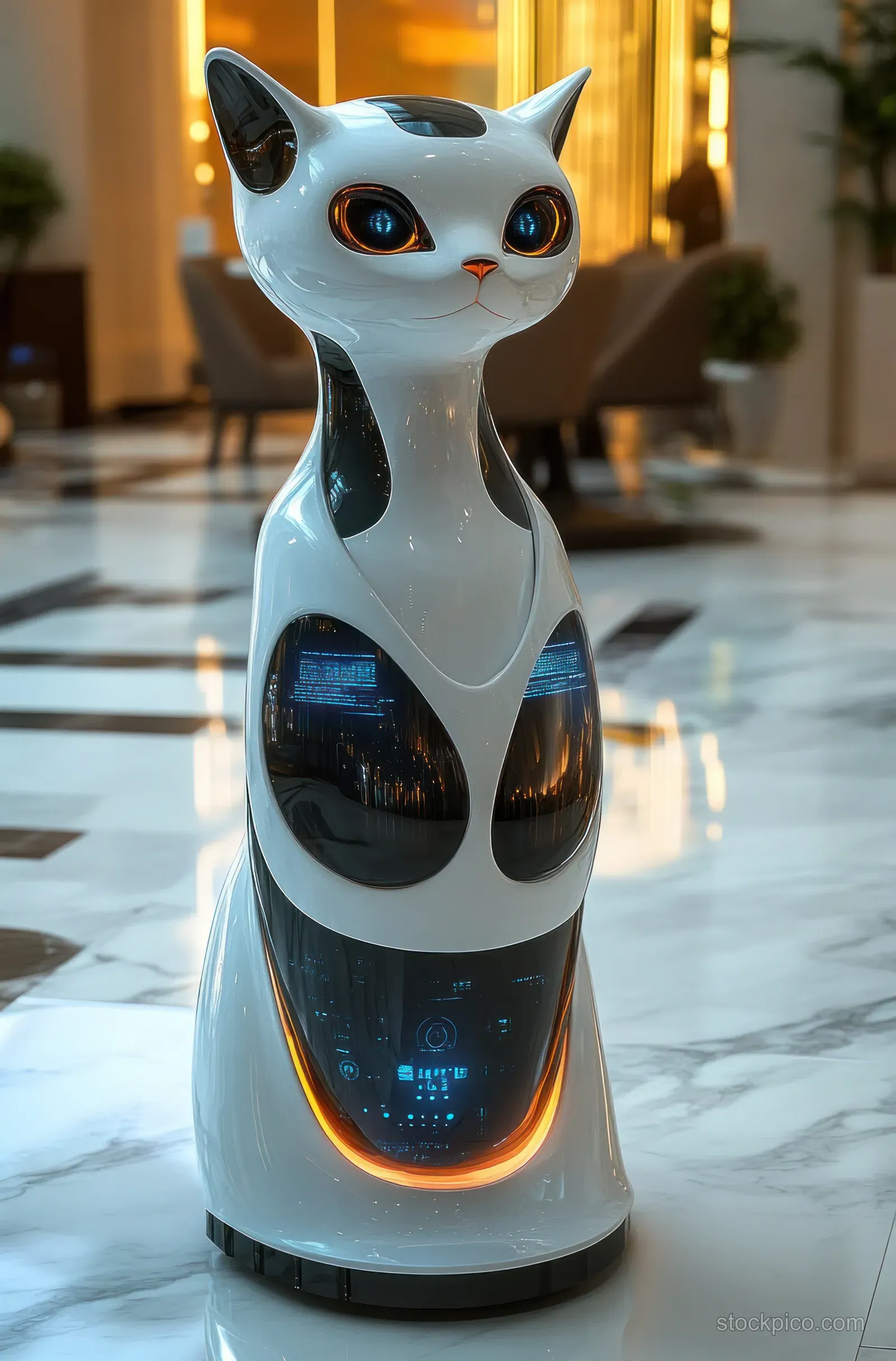 A glossy robot cat waiter stands in a modern hotel lobby with glowing accents.