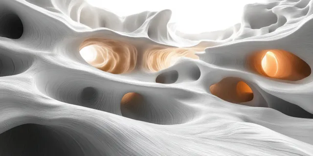 Monochrome abstract wave forms with intertwined ribbons and glowing orange voids on soft gray background