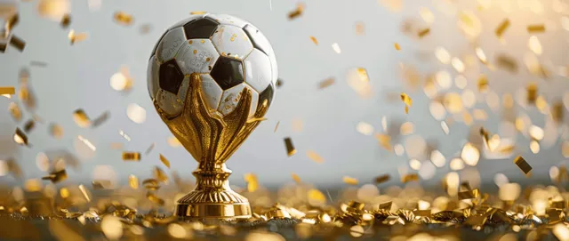 Golden soccer trophy and soccer ball with floating gold confetti on a white background.