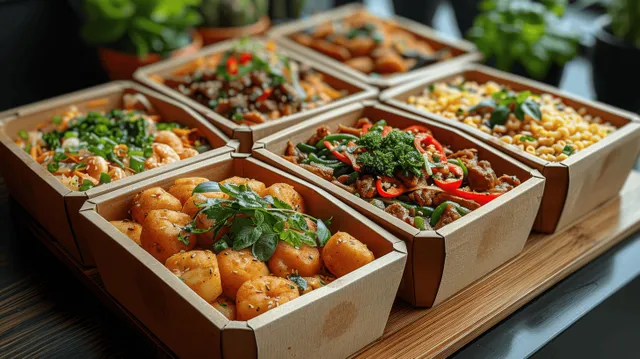 Fresh Asian lunch boxes with herb toppings and sauces sit in eco paper compartments on a wooden board.
