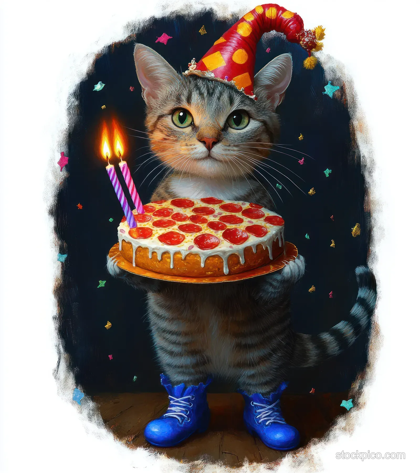 Striped tabby cat wearing a party hat and blue boots holds a pepperoni pizza with two lit birthday candles.