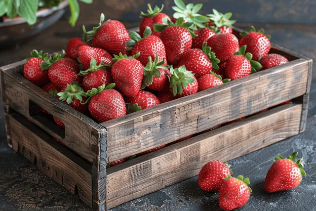 Fresh red strawberries piled in a rustic wooden crate