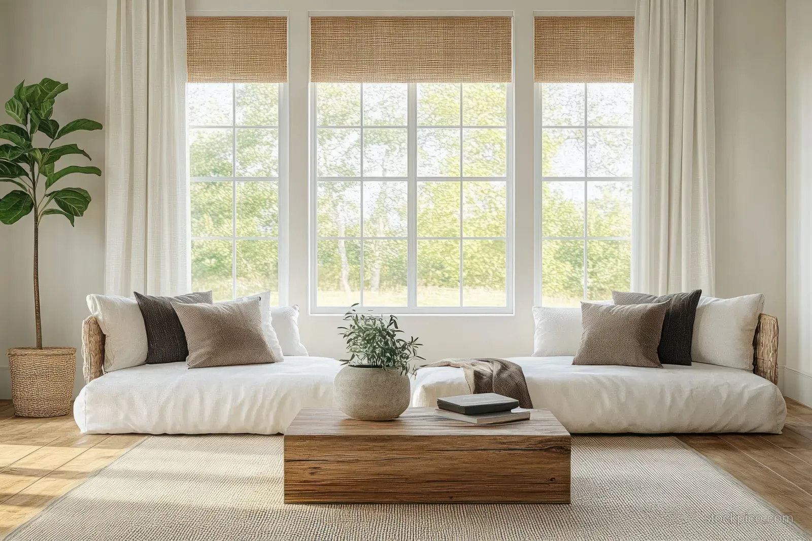 Scandinavian living room interior with two sofas, large windows casting daylight, and a potted plant on a wooden coffee table.