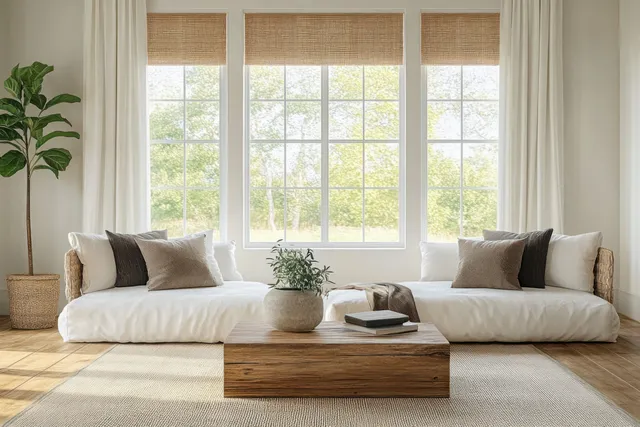 Scandinavian living room interior with two sofas, large windows casting daylight, and a potted plant on a wooden coffee table.