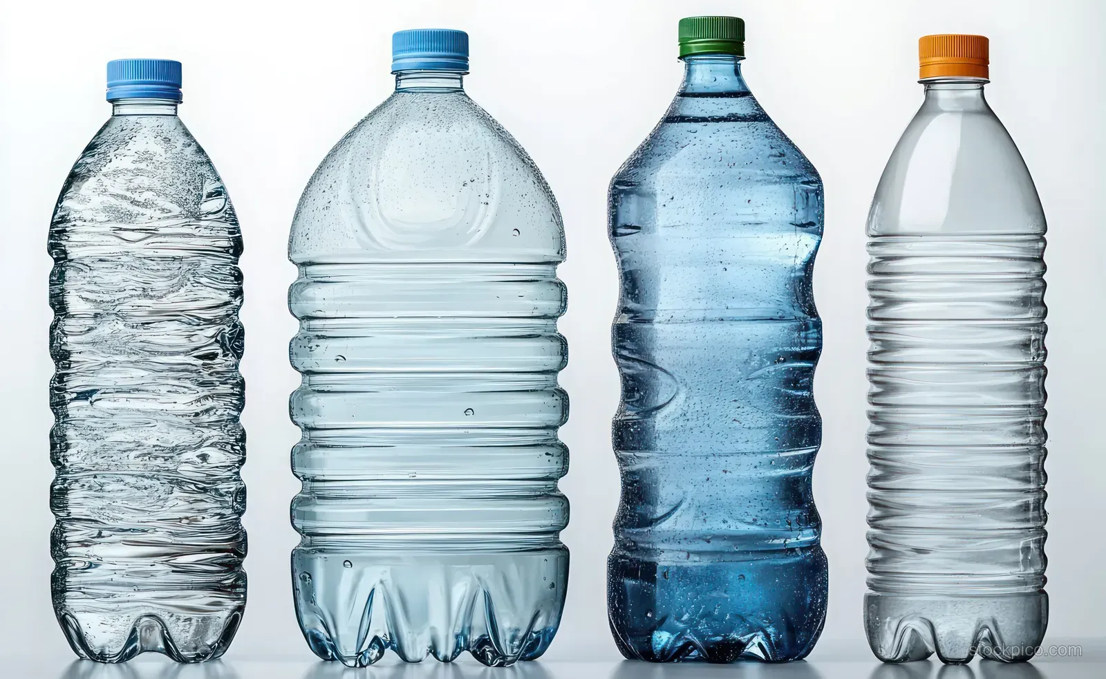 Four transparent plastic water bottles of different sizes standing on a white background.